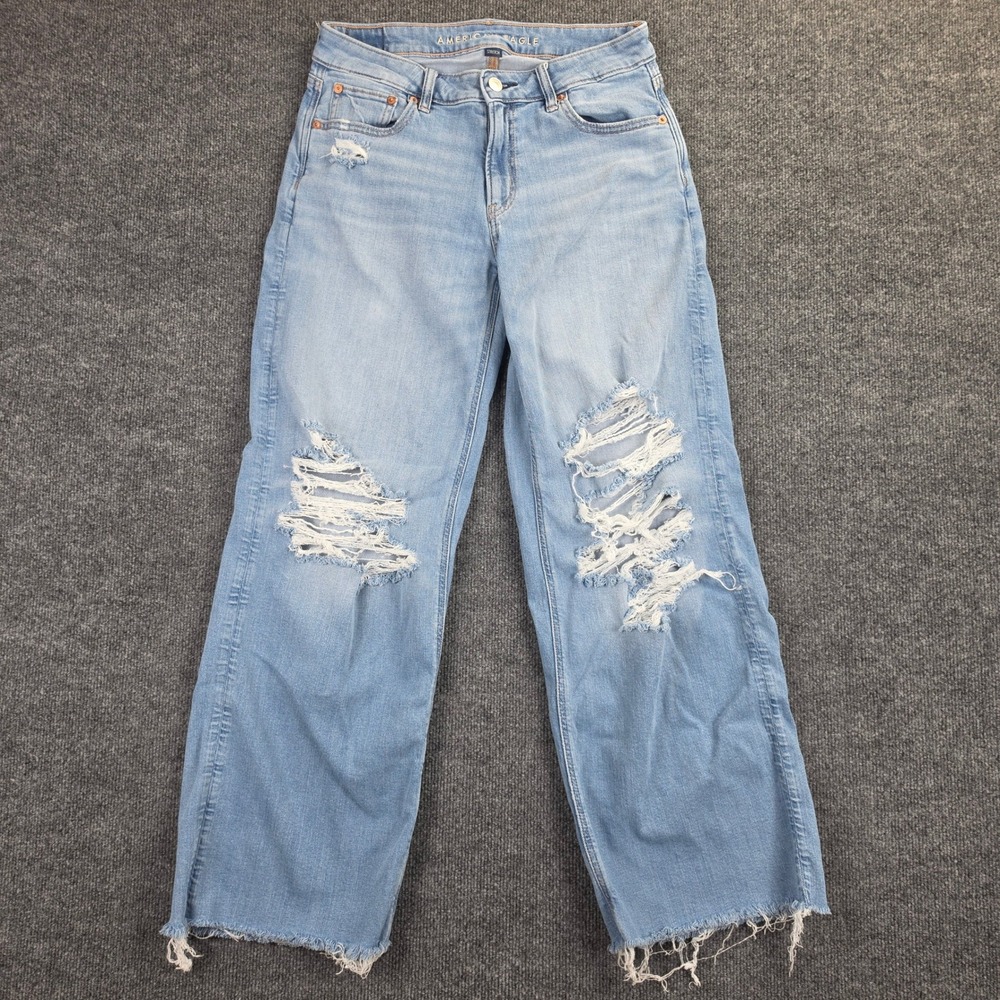 American Eagle Low-Rise Baggy Wide Leg Jeans Women's 2 Distressed Light Wash